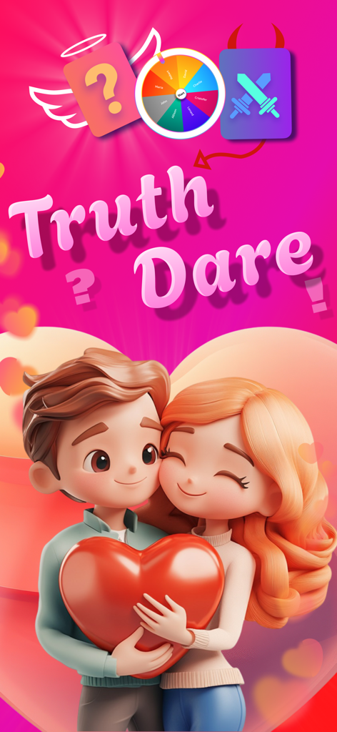 Truth or Dare 2025 - A cute animated couple hugging a large red heart on the Truth or Dare 2025 mobile game screen with truth and dare card icons