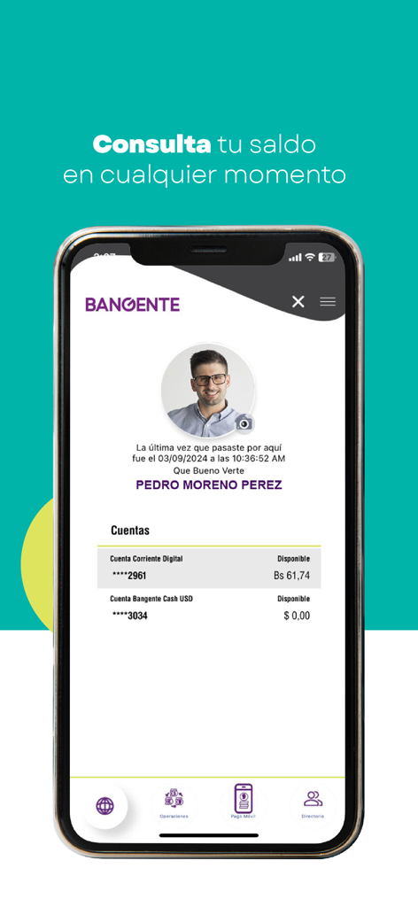 Bangente Móvil - Mobile screen of Bangente Movil showing account balances in Bolivars and USD