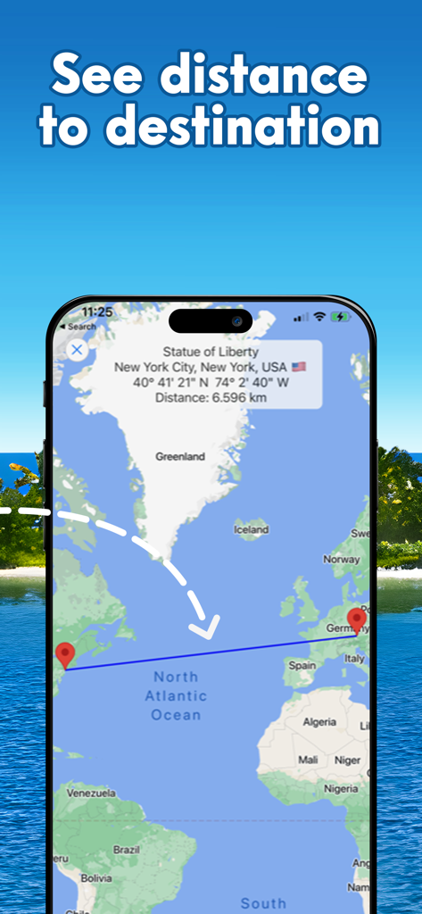 Pinpoint Where: Places to Know - A map interface in the Pinpoint Where app showing the distance calculation between two global locations.