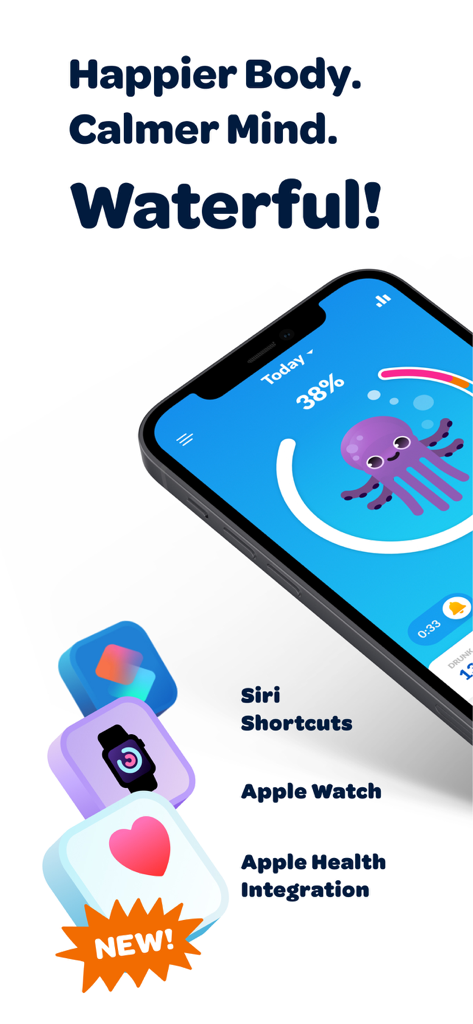 Waterful® Drink water tracker - Waterful app interface showing hydration tracker with Apple Watch and Health integration