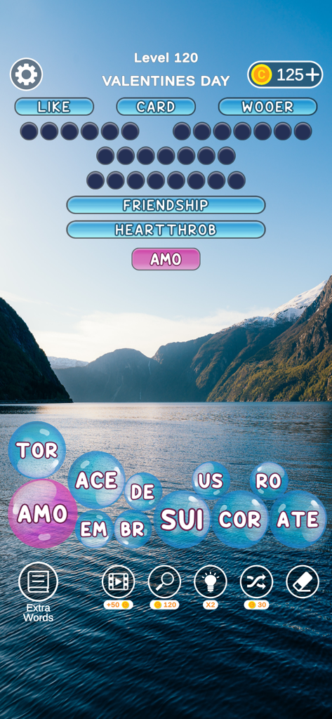 Word Bubbles - Relax Word Game - Word puzzle gameplay featuring letter bubbles and a calm lake background