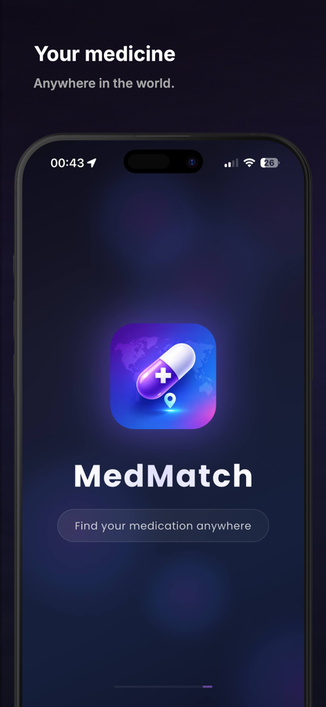 MedMatch Pro - MedMatch Pro app home screen with the tagline Find your medication anywhere