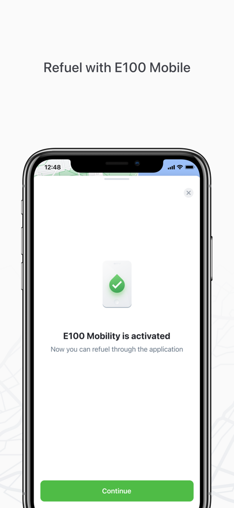 Tela do aplicativo E100 mobile mostrando o E100 Mobility ativado para reabastecimento online