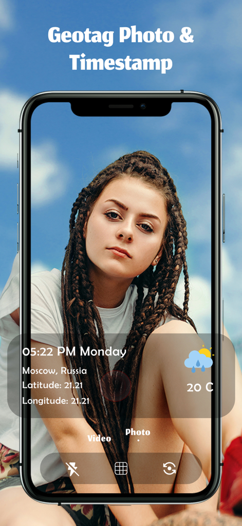Smartphone screen showing a geotagged photo with location and time data overlay