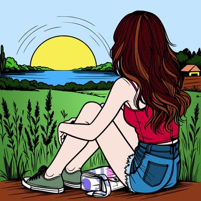 realistic girl sitting and watching the sunset