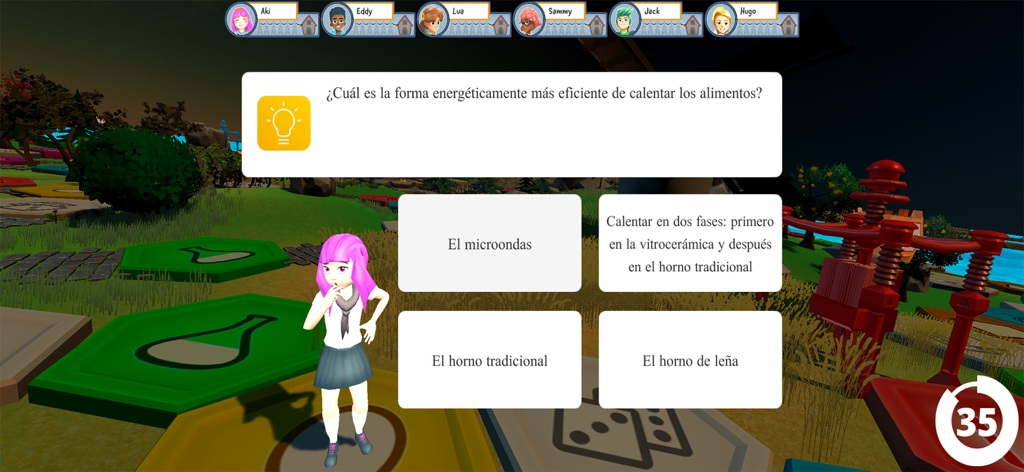 entreREDes - A character in a 3D board game interface presenting a Spanish trivia question about energy efficiency.