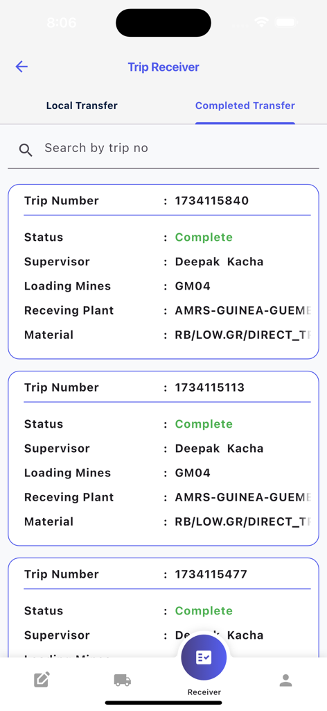Terra Track - Lista de transferencias de materiales completadas con números de viaje y nombres de supervisores en la aplicación Terra Track