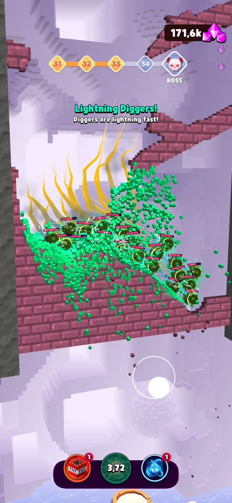 Auto Diggers - Auto Diggers gameplay screen showing green lightning fast diggers breaking voxel blocks