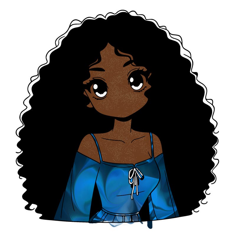 a black anime girl with long afro hair