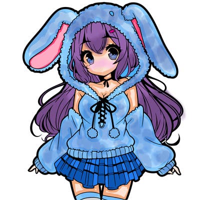 pretty anime girl wearing a fluffy hoodie with bunny ears on the hood and a skirt