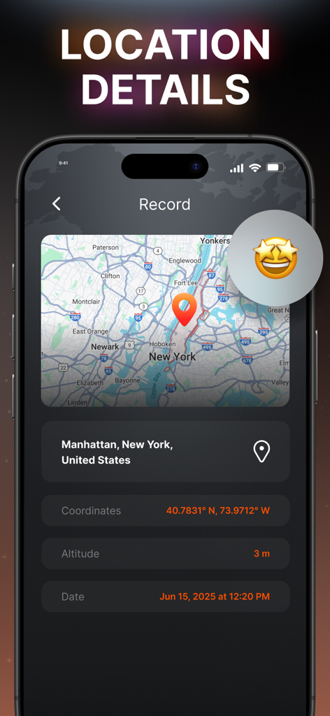 Compass & Coordinates Locator - Oberfläche der Kompass-App, die Standortdetails einschließlich Kartenkoordinaten und Höhe für Manhattan, New York zeigt
