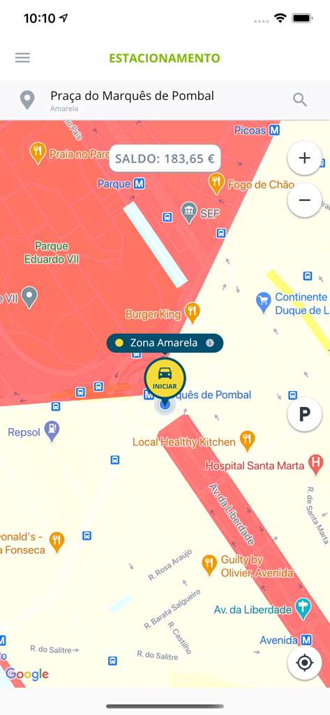 ePark EMEL - Map interface of the ePark EMEL app showing parking zones and balance in Lisbon