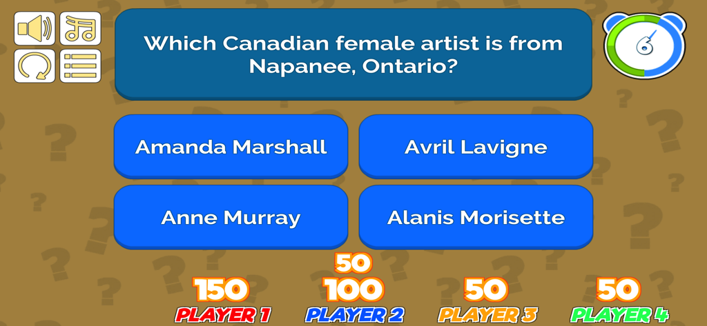 Who Was That - Una pantalla de pregunta de trivia musical multijugador en la aplicación ¿Quién Era Esa? mostrando las puntuaciones de cuatro jugadores y un temporizador de cuenta atrás.