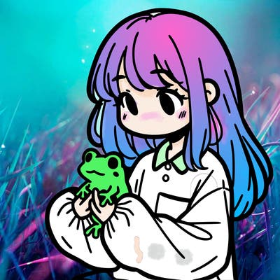girl with long hair and a oversized shirt. and she is holding a frog