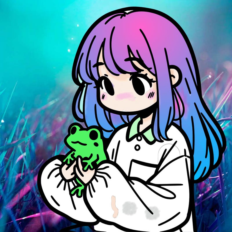 girl with long hair and a oversized shirt. and she is holding a frog