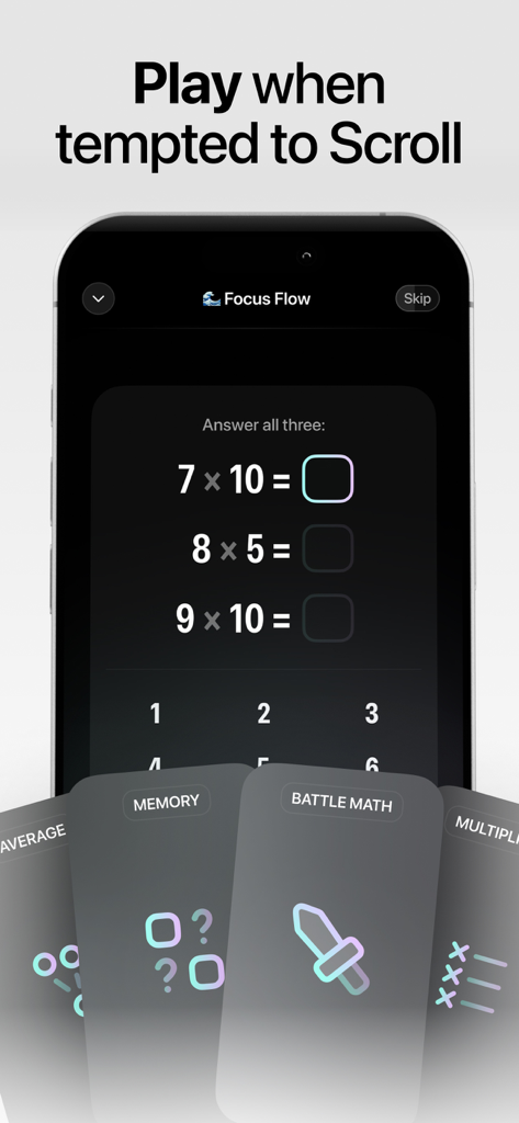 Smartphone screen displaying Opal focus flow math challenges to reduce screen time.
