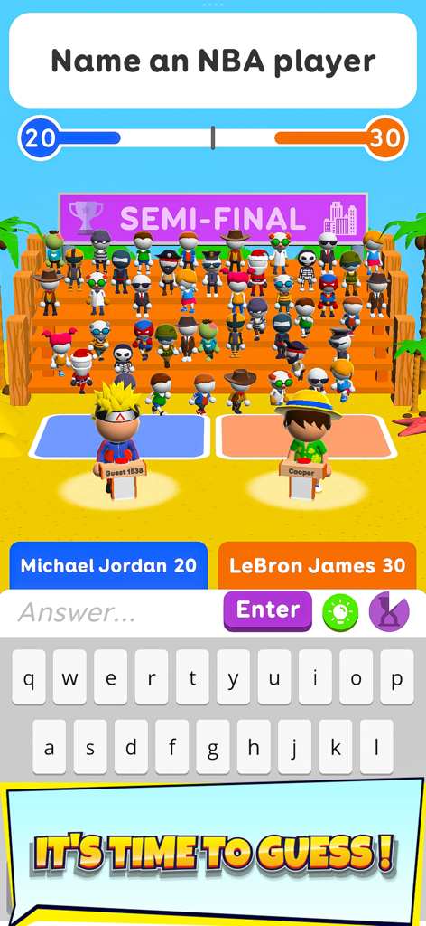 Juego de trivia Adivina Su Respuesta mostrando una ronda semifinal con la pregunta Nombra a un jugador de la NBA