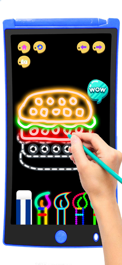 Kids Pop It Doodle Art Games - A child tracing a glowing neon hamburger in a doodle art drawing app