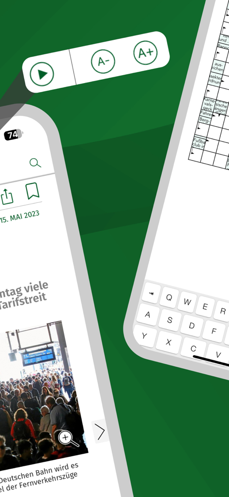 Berliner Morgenpost E-Paper - Aplicativo Berliner Morgenpost mostrando um artigo de notícia com controles de tamanho de fonte e um quebra-cabeça interativo em telas de celular