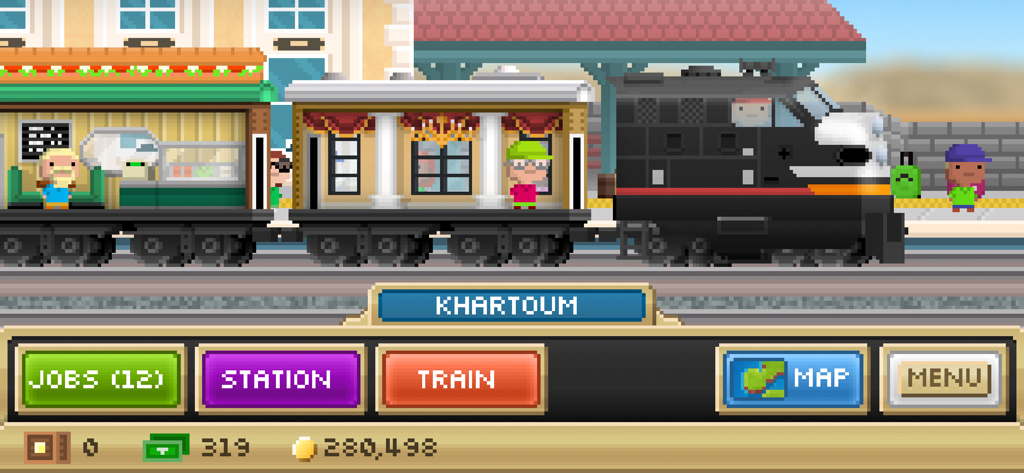 Pocket Trains: Railroad Tycoon - A pixel art train stopped at Khartoum station in the Pocket Trains Railroad Tycoon mobile game.