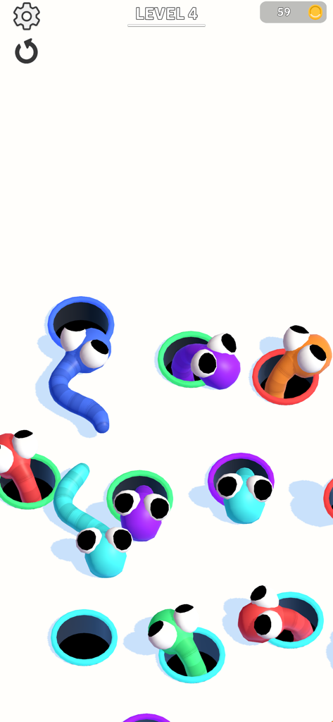 Hole Worm - Colorful cartoon worms with googly eyes matching their corresponding colored holes in a minimalist puzzle game interface.