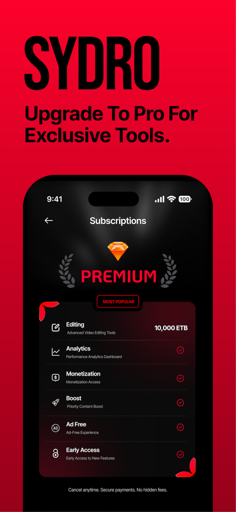 Sydro - Sydro app subscription screen showing premium creator tools and monetization features