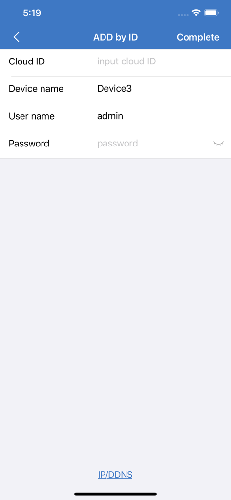 CloudEye 365 - The add device by ID screen in the CloudEye 365 security app for adding a new camera