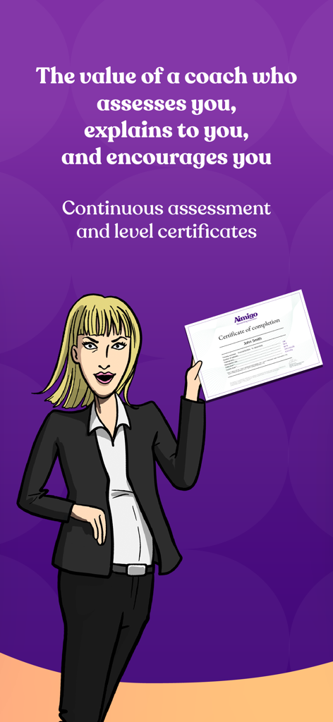 Aimigo Language Coach - Zeichentrick-KI-Coach, der ein Aimigo-Sprachabschlusszertifikat hält