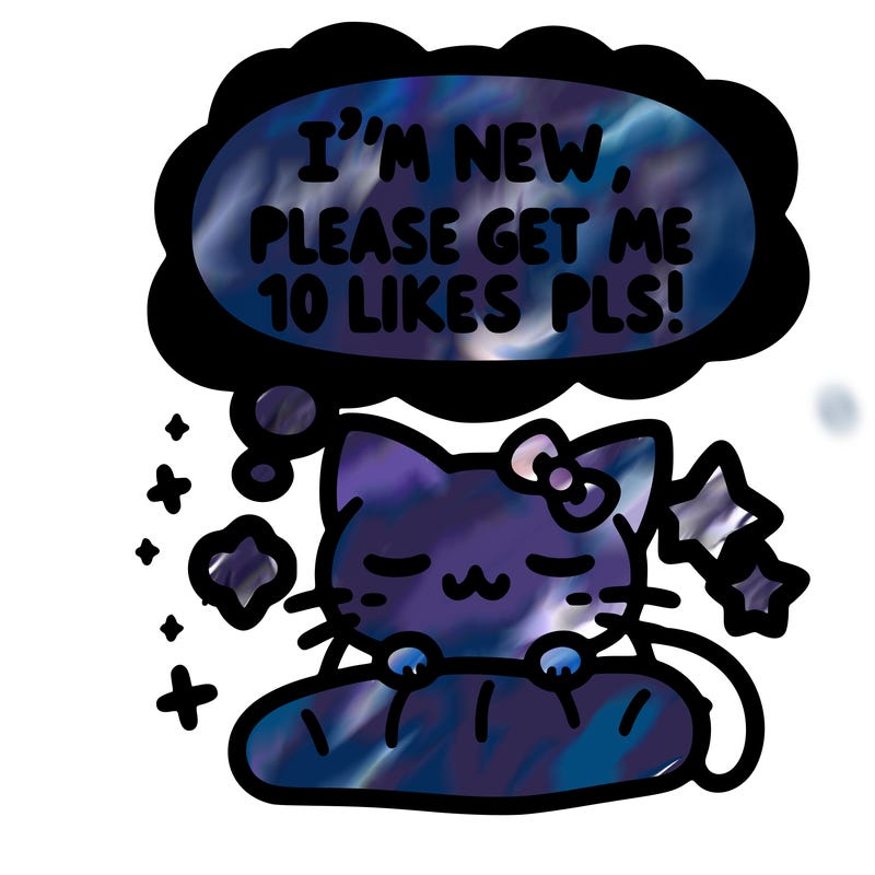 kitty taking a nap dream talking and saying "i'm new, please get me at least 10 likes pls!!"
