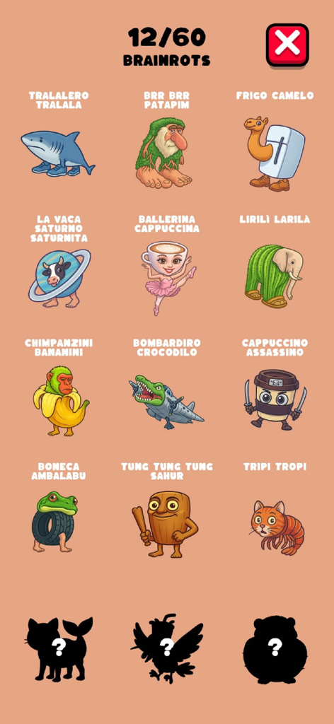 Brainrot Craft: Infinite Merge - Collection screen showing twelve unlocked brainrot meme characters and locked silhouettes