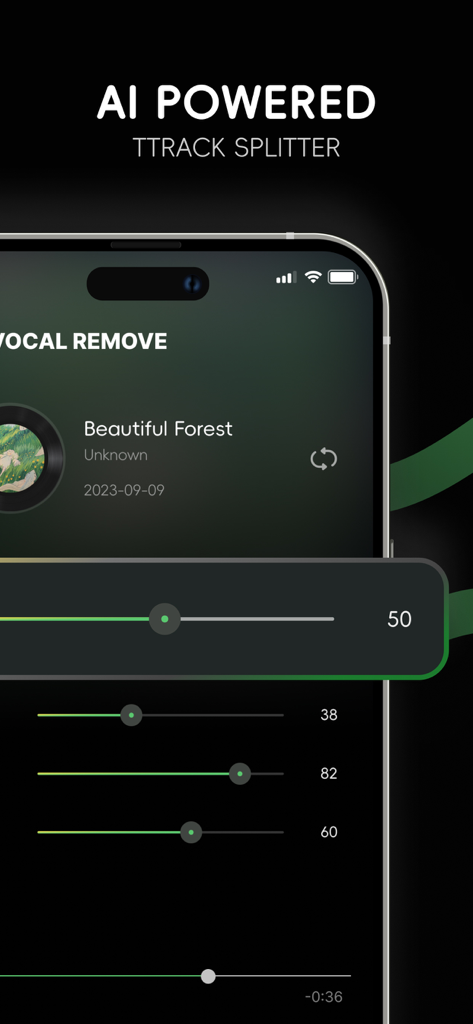 AI powered music track splitter interface with volume sliders for vocal and instrumental stems