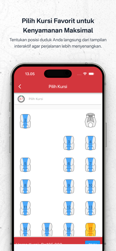 Joglosemar - Executive Shuttle - Interactive seat selection screen in the Joglosemar Executive Shuttle app showing the shuttle layout and available seats.