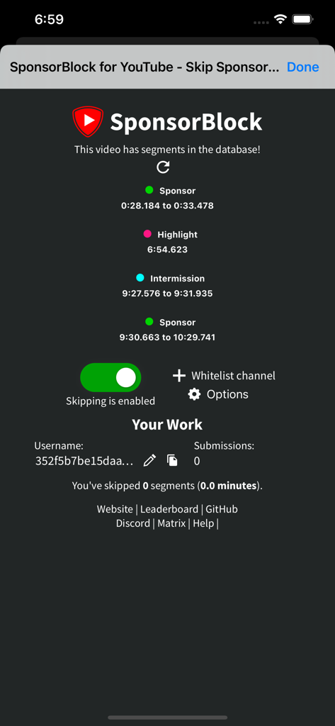 SponsorBlock for Safari extension interface showing identified video segments and a toggle for auto skipping.
