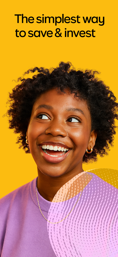 A smiling young woman on a yellow background with text saying the simplest way to save and invest for the Cowrywise app