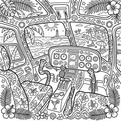 Take flight into summer with this unique coloring page featuring a detailed helicopter cockpit. Enjoy an imaginary journey overlooking a vibrant beach scene, adorned with tropical summer elements.