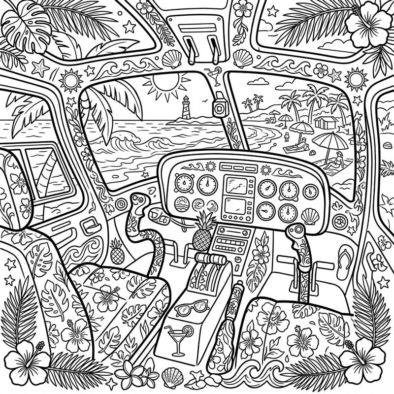 Take flight into summer with this unique coloring page featuring a detailed helicopter cockpit. Enjoy an imaginary journey overlooking a vibrant beach scene, adorned with tropical summer elements.