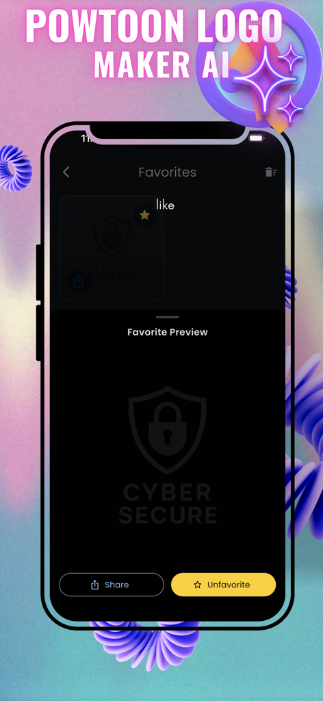 Powtoon AI : Generator Logo - Pantalla de la aplicación mostrando una vista previa de un diseño de logo favorito guardado para una marca de ciberseguridad.