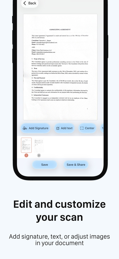 NoPen – Scan docs, Sign & Fill - A smartphone interface showing a consulting agreement document being edited with options to add a signature and text