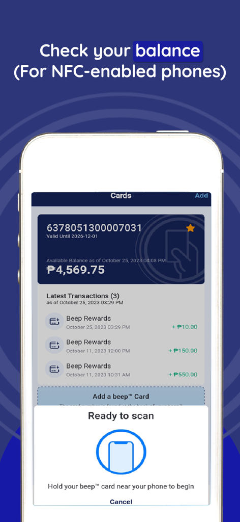 Smartphone displaying the beep app interface for checking card balance and transactions via NFC