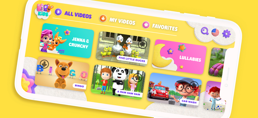 HeyKids - Nursery Rhymes - Pantalla de la aplicación HeyKids - Canciones Infantiles que muestra una biblioteca de videos de canciones infantiles como Cinco Patitos y Bingo