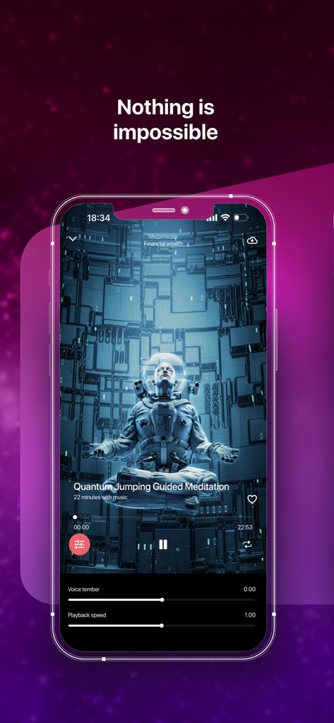 Mind Power: Guided Meditations - Pantalla de smartphone mostrando la aplicación Mind Power con una interfaz de meditación de Salto Cuántico con un astronauta en un entorno futurista