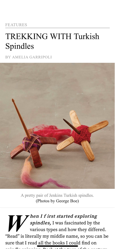 Spin Off Magazine - An article from Spin Off Magazine featuring two wooden Turkish spindles with red and purple wool yarn