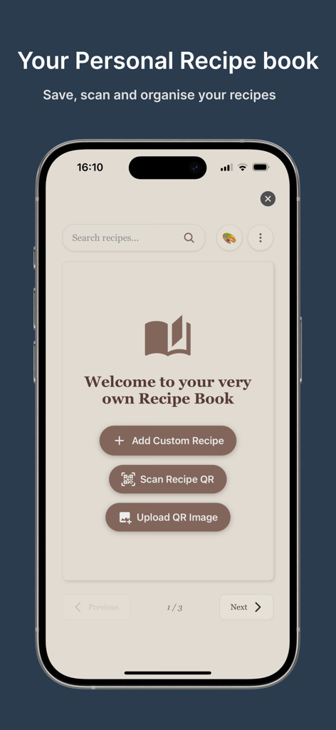 Craveit AI - Meal Planner - Screenshot of Craveit AI app showing the Personal Recipe book screen with options to add custom recipes or scan QR codes.