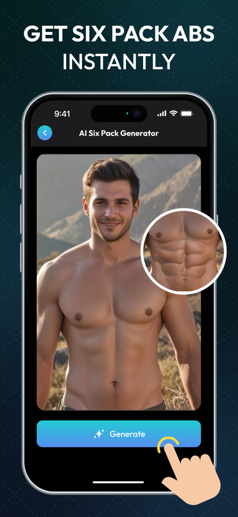 AI Six Packs Abs Photo Editor - Schermata dell'app per smartphone che mostra la foto a torso nudo di un uomo che viene modificata per aggiungere realistici addominali scolpiti generati dall'IA