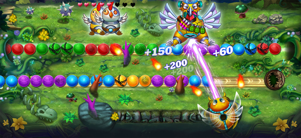Zumball Classic - Marble Rush - Zumball Classic gameplay showing a beetle shooter launching a magic blast at a robotic boss in a marble puzzle level