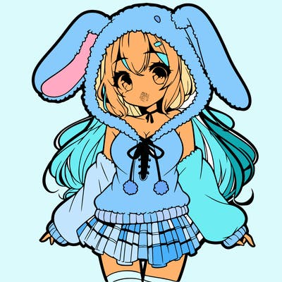 pretty anime girl wearing a fluffy hoodie with bunny ears on the hood and a skirt