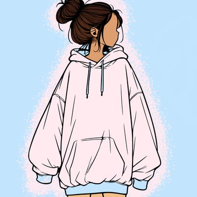 realistic girl with a oversized sweatshirt on and a bun