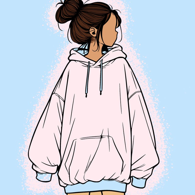 realistic girl with a oversized sweatshirt on and a bun