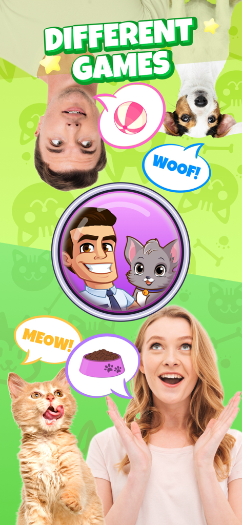 Cat Emotions: Sounds to Pet - Werbebildschirm für die Katzenemotionen-App mit verschiedenen Spielen und Interaktionsgeräuschen für Katzen und Hunde.
