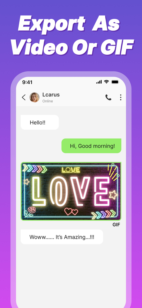 LED Banner - Big Text Display - LED Banner app showing a neon LOVE sign shared as a GIF in a chat